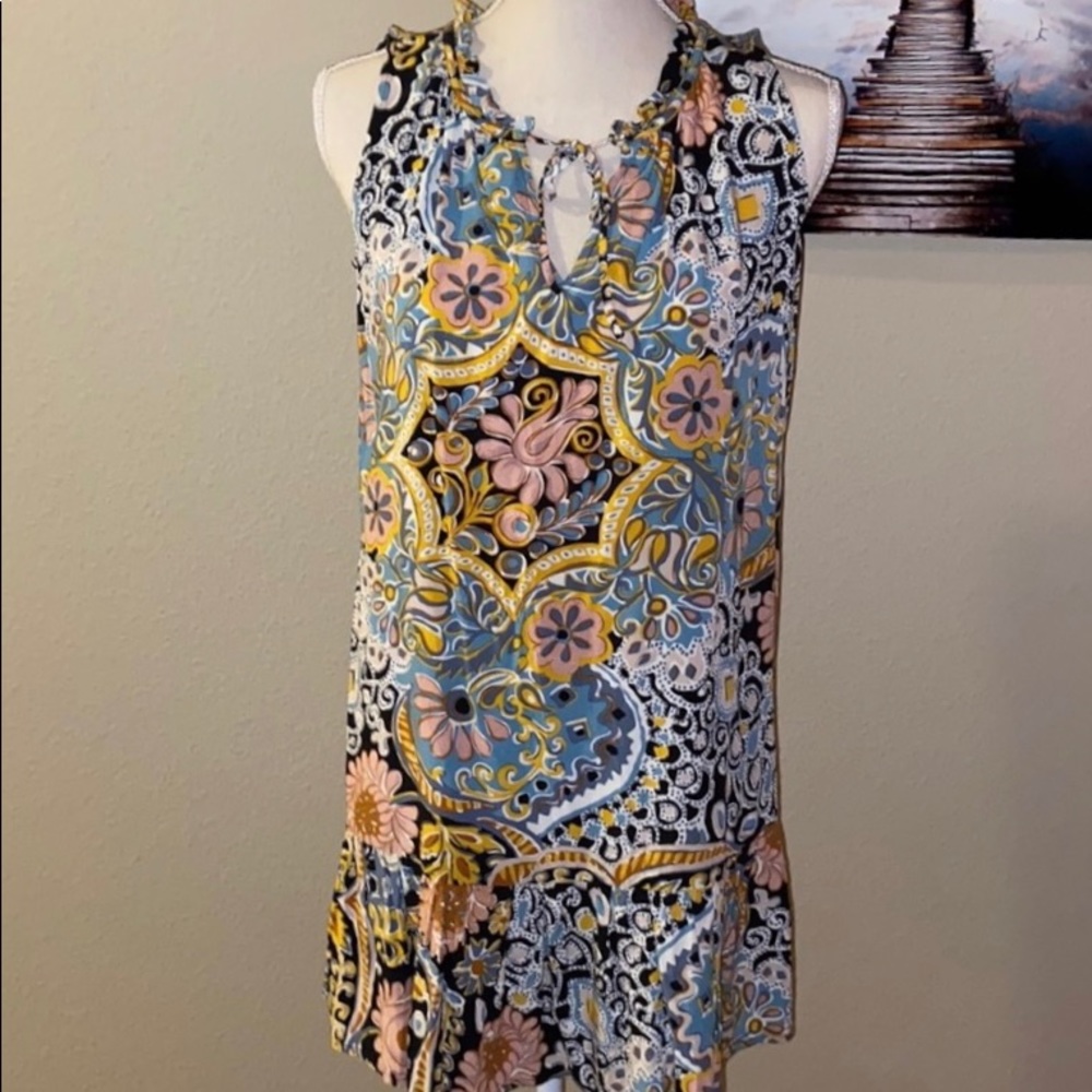 LOFT Petites Fun Boho Summer Floral Print Sleeveless Mini Shift Dress Ruffle Hem